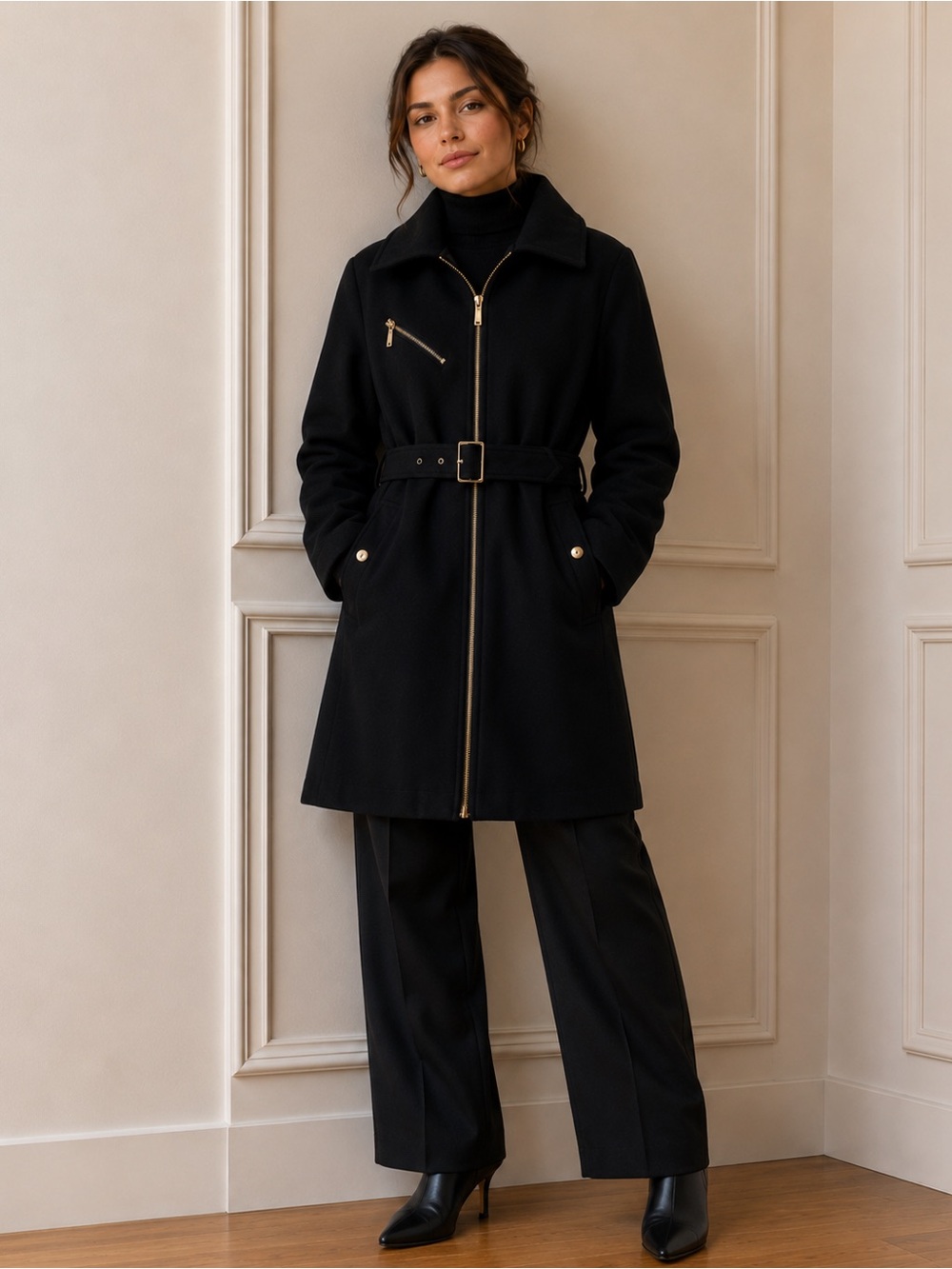 Michael Kors Black Women's Belted Zip Front Coat - size M